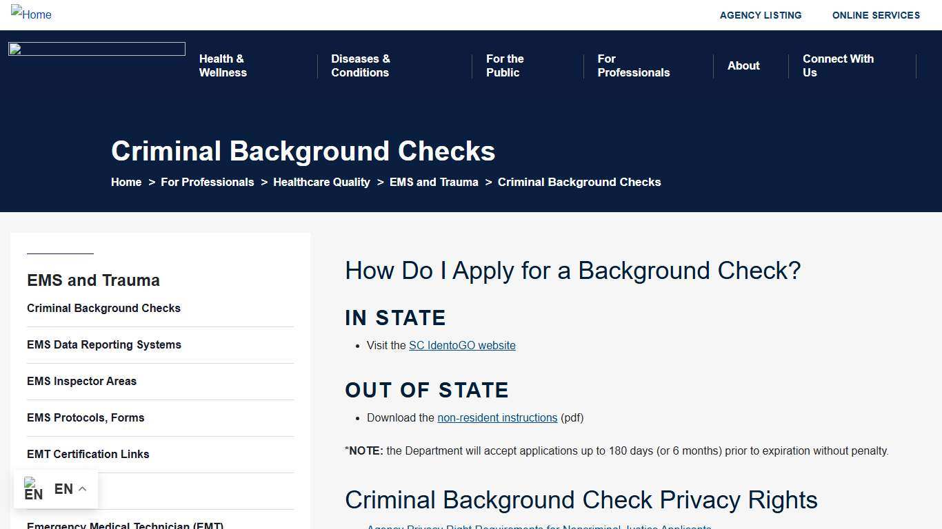 Criminal Background Checks South Carolina Department of Public Health